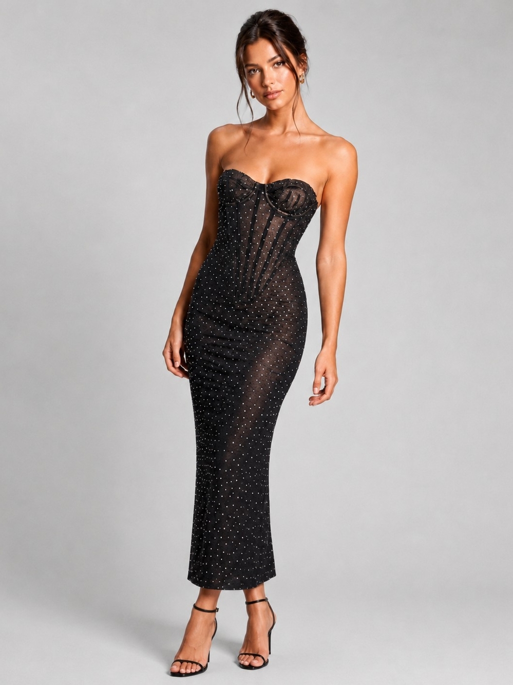 House of CB Black Rhinestone Corset Maxi Dress